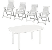 Gartenmöbel-Set aus Kunststoff bestehend aus einem rechteckigen Tisch und vier Klappsesseln mit Armlehnen.