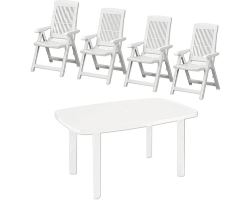 Gartenmöbel-Set aus Kunststoff bestehend aus einem rechteckigen Tisch und vier Klappsesseln mit Armlehnen.