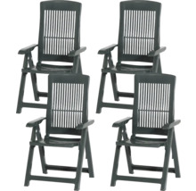 Set aus vier klappbaren Gartenstühlen aus Kunststoff mit hohen Rückenlehnen und Armlehnen.