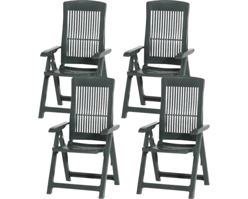 Set aus vier klappbaren Gartenstühlen aus Kunststoff mit hohen Rückenlehnen und Armlehnen.