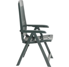 Klappbarer Gartenstuhl aus Kunststoff mit hoher Rückenlehne und Armlehnen in Dunkelgrün.