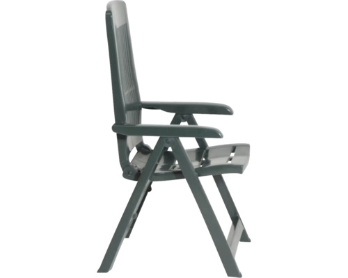Klappbarer Gartenstuhl aus Kunststoff mit hoher Rückenlehne und Armlehnen in Dunkelgrün.