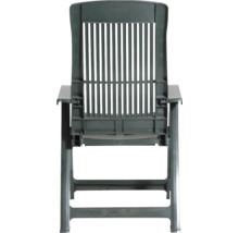 Verstellbarer grauer Gartenstuhl aus Kunststoff mit hoher Rückenlehne und Armlehnen.