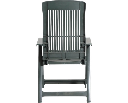 Verstellbarer grauer Gartenstuhl aus Kunststoff mit hoher Rückenlehne und Armlehnen.