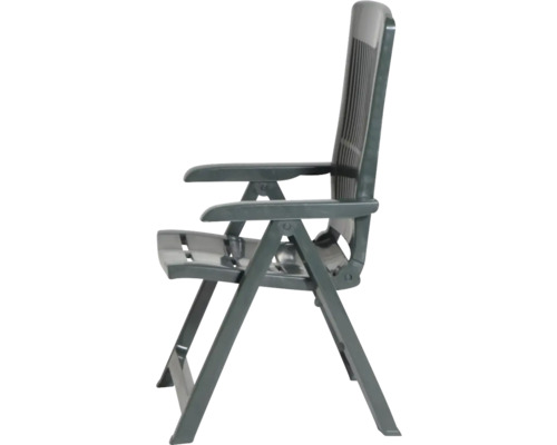 Klappbarer Gartenstuhl aus dunkelgrünem Kunststoff mit hoher Rückenlehne und Armlehnen.