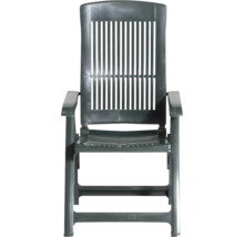 Verstellbarer Gartenstuhl aus Kunststoff in Dunkelgrün mit hoher Rückenlehne und Armlehnen.