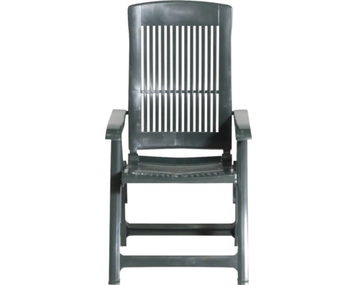 Verstellbarer Gartenstuhl aus Kunststoff in Dunkelgrün mit hoher Rückenlehne und Armlehnen.