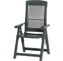 Klappbarer Gartenstuhl aus Kunststoff mit hoher Rückenlehne und Armlehnen in Dunkelgrün.