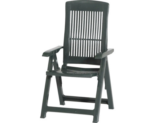 Klappbarer Gartenstuhl aus Kunststoff mit hoher Rückenlehne und Armlehnen in Dunkelgrün.