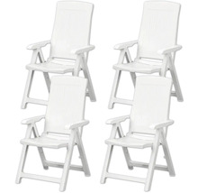 Vier weiße Klappsessel aus Kunststoff für den Garten mit Armlehnen.