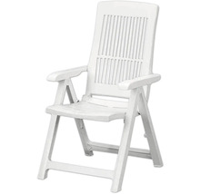 Weißer Klappsessel aus Kunststoff mit hoher Rückenlehne und Armlehnen für den Garten.