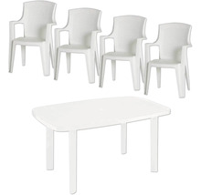 Fünfteiliges Gartenmöbel-Set aus Kunststoff bestehend aus einem rechteckigen Tisch und vier Gartenstühlen mit Armlehnen.