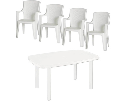Fünfteiliges Gartenmöbel-Set aus Kunststoff bestehend aus einem rechteckigen Tisch und vier Gartenstühlen mit Armlehnen.