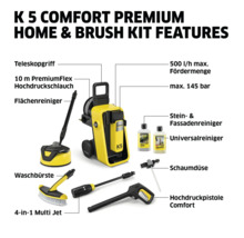 Kärcher K 5 Comfort Premium Home and Brush Kit mit Teleskopgriff, Hochdruckschlauch, Flächenreiniger, Waschbürste, Multi Jet, maximal 500 Liter pro Stunde Fördermenge, maximal 145 bar, Stein- und Fassadenreiniger, Universalreiniger, Schaumdüse...