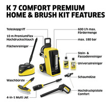 Kärcher K 7 Comfort Premium Home Hochdruckreiniger mit Zubehör wie Teleskopgriff, Hochdruckschlauch, Flächenreiniger, Waschbürste, Multi Jet, Stein- und Fassadenreiniger, Universalreiniger, Schaumdüse und Hochdruckpistole.