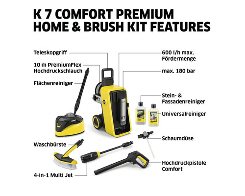Kärcher K 7 Comfort Premium Home Hochdruckreiniger mit Zubehör wie Teleskopgriff, Hochdruckschlauch, Flächenreiniger, Waschbürste, Multi Jet, Stein- und Fassadenreiniger, Universalreiniger, Schaumdüse und Hochdruckpistole.