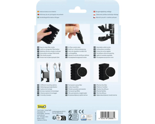 Informationen im Inneren, Reinigungsfreundliches Filtermedium, Luftstromregler, Verstellbare Auslassdüse, Zwei Befestigungsmöglichkeiten, Dauerhafter Grobfilter, Effektiver Feinfilter, Tetra Logo, Zwei Jahre Garantie Siegel, TÜV Rheinland Siegel