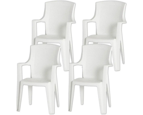 Vier Gartenstühle aus Kunststoff mit Armlehnen in Weiß.