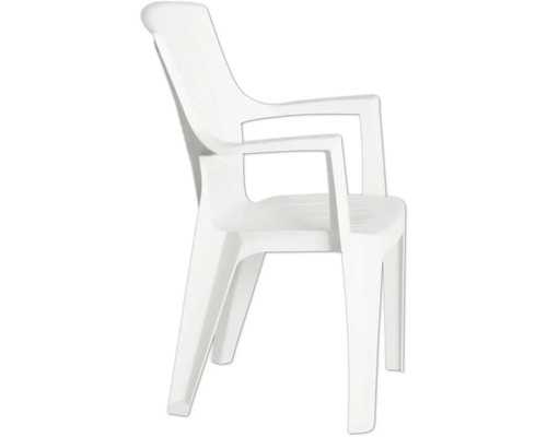 Stapelbarer Gartenstuhl aus Kunststoff in Weiß mit Armlehnen.