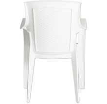 Weißer Gartenstuhl aus Kunststoff in der Rückansicht mit strukturierter Rückenlehne und Armlehnen.