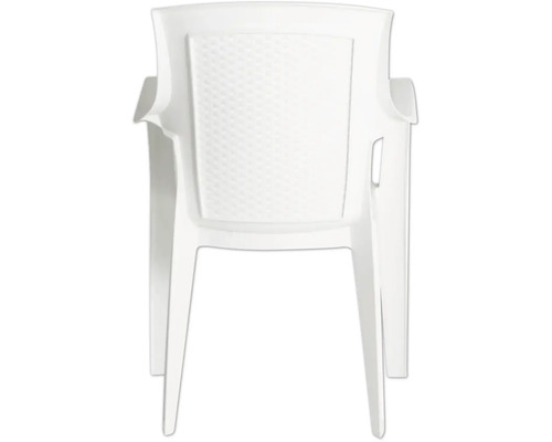 Weißer Gartenstuhl aus Kunststoff in der Rückansicht mit strukturierter Rückenlehne und Armlehnen.