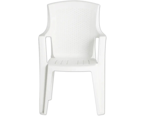 Stapelbarer Gartenstuhl aus Kunststoff mit Armlehnen und strukturierter Rückenlehne in Weiß.
