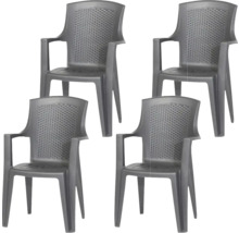 4er-Set Gartenstühle aus Kunststoff in Anthrazit mit Armlehnen und Webmuster an der Rückenlehne.