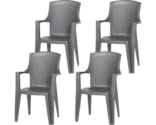 4er-Set Gartenstühle aus Kunststoff in Anthrazit mit Armlehnen und Webmuster an der Rückenlehne.