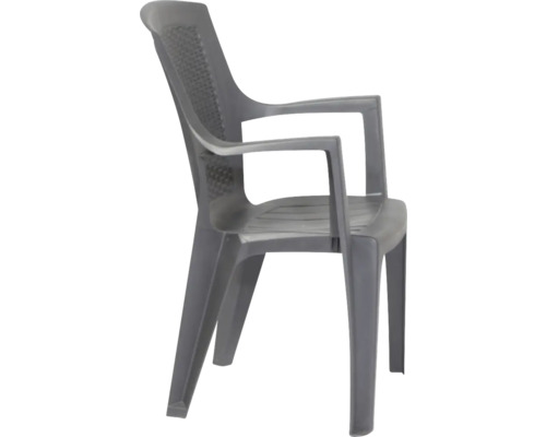 Stapelbarer Gartenstuhl aus Kunststoff mit Armlehnen in Grau.