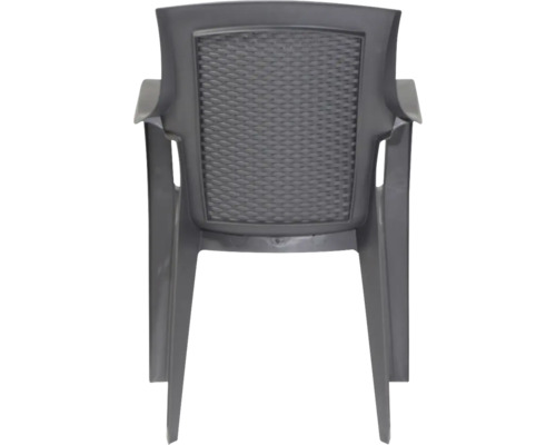 Rückansicht eines anthrazitfarbenen Gartenstuhls aus Kunststoff mit Armlehnen und Rückenlehne in Flechtoptik.