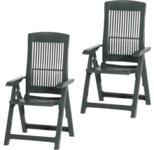 Zwei dunkelgrüne Garten-Klappstühle aus Kunststoff mit hoher Rückenlehne und Armlehnen.