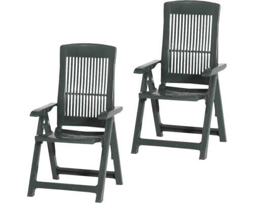 Zwei dunkelgrüne Garten-Klappstühle aus Kunststoff mit hoher Rückenlehne und Armlehnen.