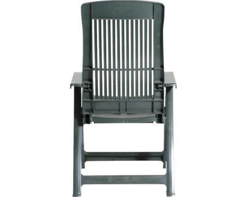 Grüner Gartenstuhl aus Kunststoff mit Armlehnen und hoher Rückenlehne.