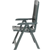 Klappbarer Gartenstuhl aus Kunststoff mit Armlehnen und hoher Rückenlehne in Dunkelgrün.