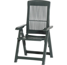 Klappbarer Gartenstuhl aus Kunststoff in Dunkelgrün mit hoher Rückenlehne, Armlehnen und vertikalen Streben.