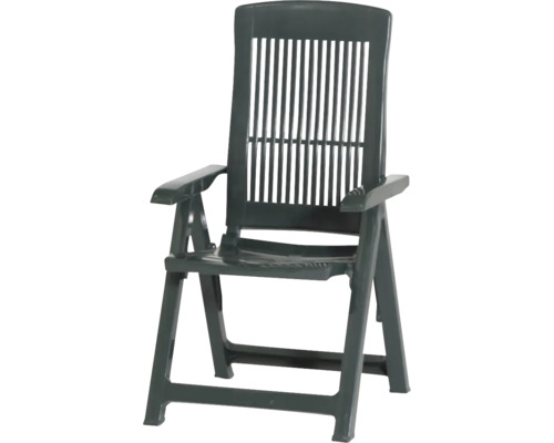 Klappbarer Gartenstuhl aus Kunststoff in Dunkelgrün mit hoher Rückenlehne, Armlehnen und vertikalen Streben.