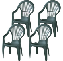 Set aus 4 stapelbaren Gartenstühlen aus grünem Kunststoff mit Armlehnen und Lamellen-Rückenlehne.