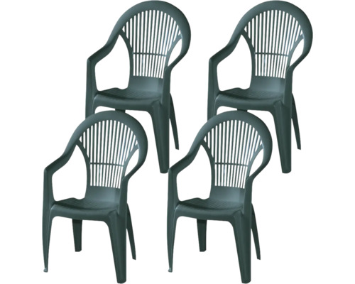 Set aus 4 stapelbaren Gartenstühlen aus grünem Kunststoff mit Armlehnen und Lamellen-Rückenlehne.