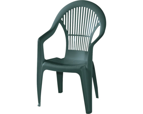 Dunkelgrüner Stapelstuhl aus Kunststoff mit Armlehnen und Lamellen-Rückenlehne.