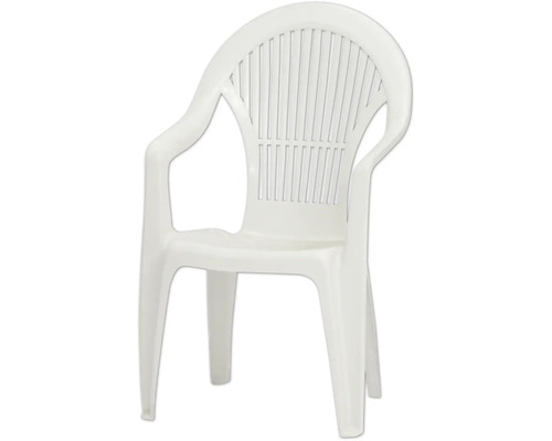 Stapelsessel aus weißem Kunststoff mit Armlehnen und hoher Rückenlehne mit vertikalen Lamellen.