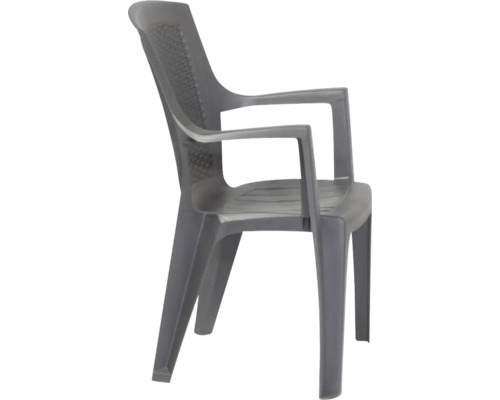 Grauer Stapelstuhl aus Kunststoff mit Armlehnen, Gartenstuhl.