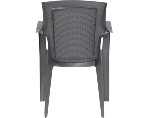 Anthrazitfarbener Gartenstuhl aus Kunststoff mit Armlehnen und Rückenlehne in Flechtoptik.