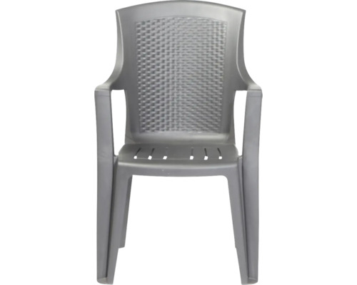 Stapelstuhl aus Kunststoff mit Rückenlehne in Flechtoptik und Armlehnen.