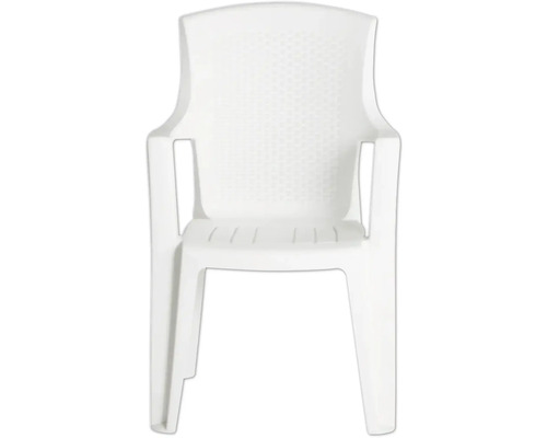 Weißer Gartenstuhl aus Kunststoff mit Armlehnen.