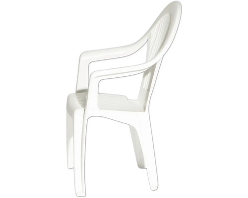 Weißer Stapelstuhl aus Kunststoff mit Armlehnen für den Garten.