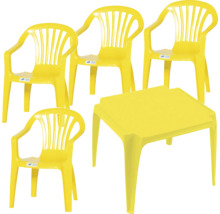 Gelbe Kindersitzgruppe aus Kunststoff, bestehend aus einem quadratischen Tisch und vier Armlehnenstühlen.