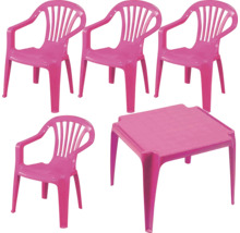 Kindersitzgruppe aus Kunststoff in Pink, bestehend aus einem quadratischen Tisch und vier stapelbaren Stühlen mit Armlehnen.