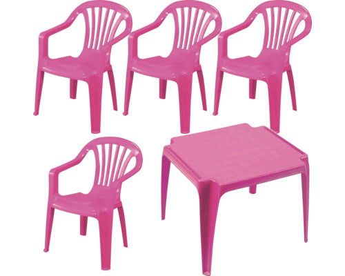 Kindersitzgruppe aus Kunststoff in Pink, bestehend aus einem quadratischen Tisch und vier stapelbaren Stühlen mit Armlehnen.
