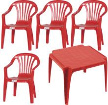 Rote Kindersitzgruppe aus vier Kunststoffstühlen mit Armlehnen und einem quadratischen Kunststofftisch.