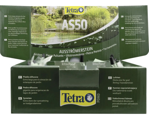 Verkaufsverpackung mit Tetra Pond AS50 Ausströmersteinen für die Belüftung von Gartenteichen, Tetra Logo.